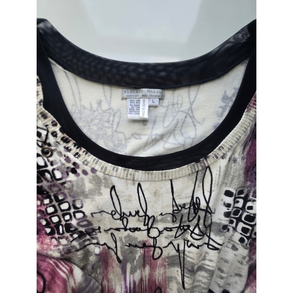 Alberto Makali Mixed Media Womens L Top Purple Abstract Floral Embellished Y2K